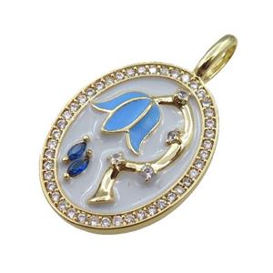 copper oval pendant pave zircon with blue lotus charm, gold plated, approx 18-23mm