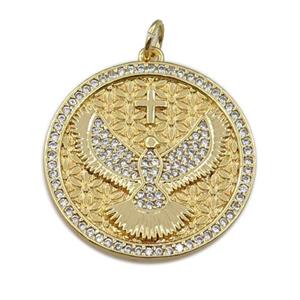 copper circle pendant pave zircon, eagle, gold plated, approx 25mm dia