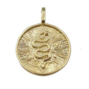 copper circle pendant with snake, gold plated, approx 20mm dia
