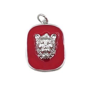 copper rectangle pendant with leopard, red enamel, platinum plated, approx 16-20mm