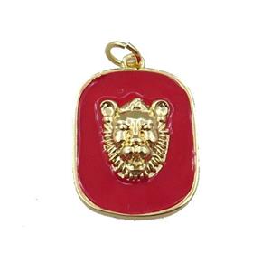copper rectangle pendant with leopard, red enamel, gold plated, approx 16-20mm