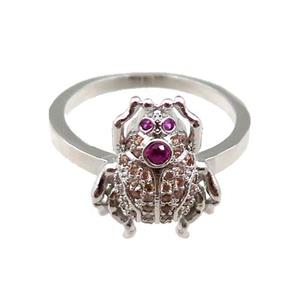 copper Ring pave zircon with frog, platinum plated, approx 12-16mm, 20mm dia