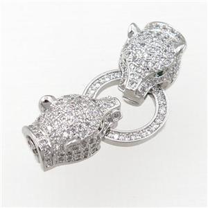 copper clasp pave zircon, foxhead, platinum plated, approx 10-15mm, 35mm