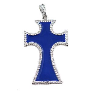 copper cross pendant pave zircon with blue enameled, platinum plated, approx 24-37mm