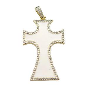 copper cross pendant pave zircon with white enameled, gold plated, approx 24-37mm