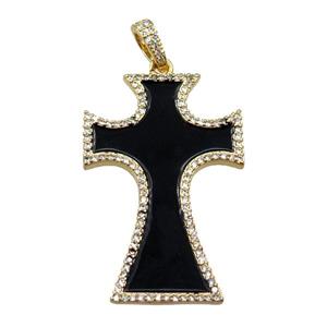 copper cross pendant pave zircon with black enameled, gold plated, approx 24-37mm