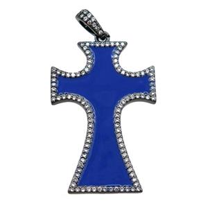 copper cross pendant pave zircon with blue enameled, black plated, approx 24-37mm