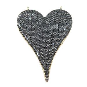 copper heart pendant pave black zircon with 2loops, gold plated, approx 25-37mm