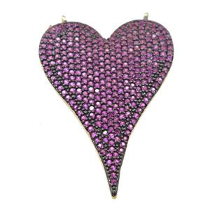 copper heart pendant pave hotpink zircon with 2loops, gold plated, approx 25-37mm