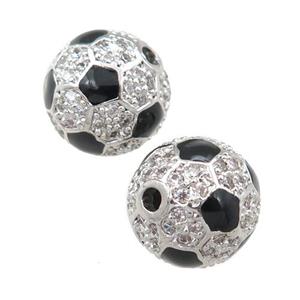 copper football beads pave zircon, round, platinum plated, approx 12mm dia