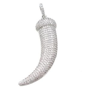 copper Horn pendant pave zircon, platinum plated, approx 10-45mm