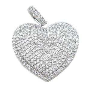 copper heart pendant pave zircon, platinum plated, approx 22-24mm