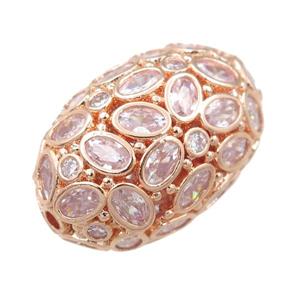 copper barrel beads pave zircon, hollow, rose gold, approx 19-28mm