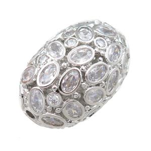 copper barrel beads pave zircon, hollow, platinum plated, approx 19-28mm
