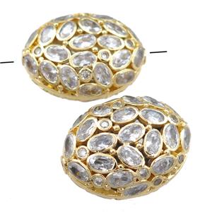copper oval beads pave zircon, hollow, gold plated, approx 20-27mm