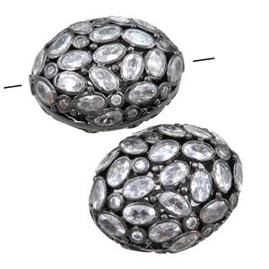 copper oval beads pave zircon, hollow, black plated, approx 20-27mm