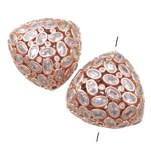copper triangle beads pave zircon, hollow, rose gold, approx 30mm