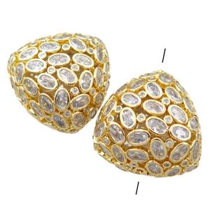 copper triangle beads pave zircon, hollow, gold plated, approx 30mm