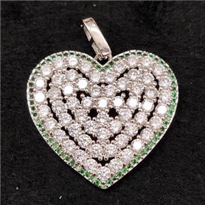 copper heart pendant pave zircon, platinum plated, approx 30mm