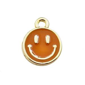copper emoji pendant with brown enameled, smile face, gold plated, approx 10mm