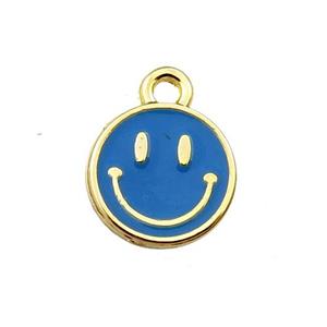 copper emoji pendant with blue enameled, smile face, gold plated, approx 10mm