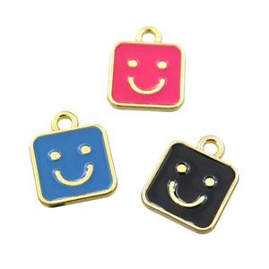 copper emoji pendant with enameled, mix, square, smile face, gold plated, approx 10x10mm