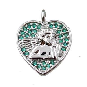 copper heart pendant pave zircon, angel, platinum plated, approx 14mm