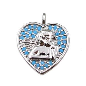 copper heart pendant pave zircon, angel, platinum plated, approx 14mm