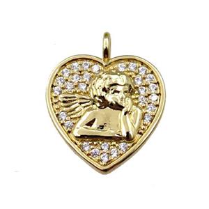 copper heart pendant pave zircon, angel, gold plated, approx 14mm