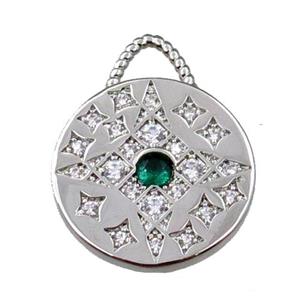 copper circle pendant pave zircon, platinum plated, approx 17-21mm