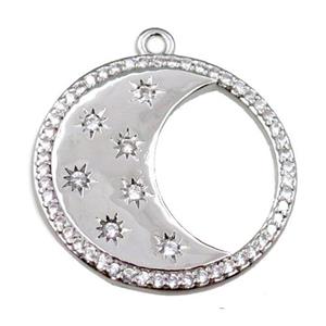 copper circle moon pendant pave zircon, platinum plated, approx 25mm dia