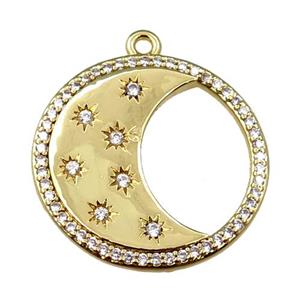 copper moon pendant pave zircon, circle gold plated, approx 25mm dia
