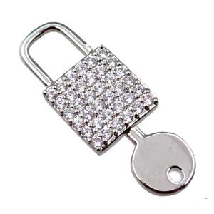copper keyLock charm pendant pave zircon, platinum plated, approx 12-32mm