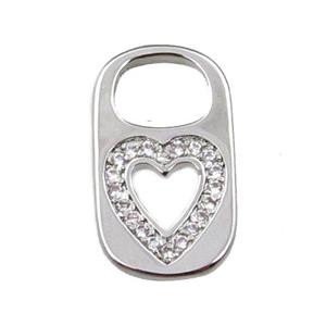 copper Lock pendant pave zircon, heart, platinum plated, approx 10-17mm