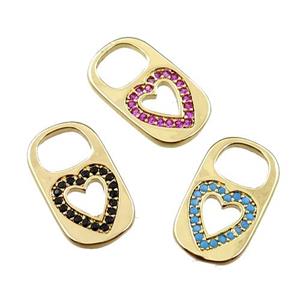 copper Lock pendant pave zircon, heart, gold plated, mixed, approx 10-17mm