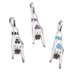 copper hand pendant pave zircon, Rock On Sign Charm, platinum plated, mix, approx 6-24mm