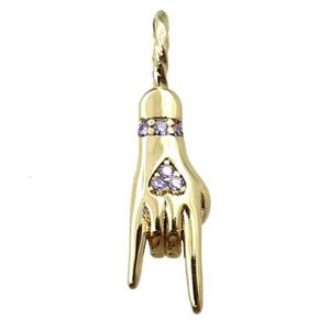 copper hand pendant pave zircon, Rock On Sign Charm, gold plated, approx 6-24mm
