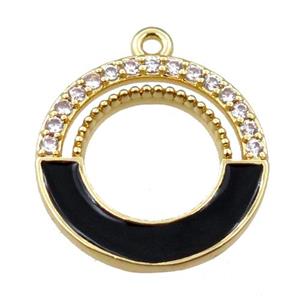 copper circle pendant pave zircon with black enameled, gold plated, approx 18mm dia