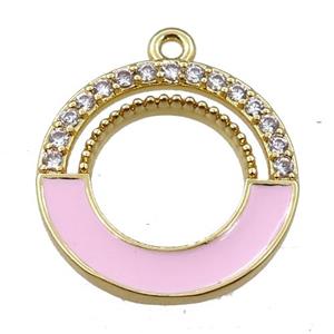 copper circle pendant pave zircon with pink enameled, gold plated, approx 18mm dia