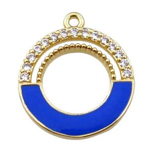 copper circle pendant pave zircon with blue enameled, gold plated, approx 18mm dia