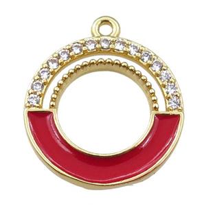 copper circle pendant pave zircon with red enameled, gold plated, approx 18mm dia