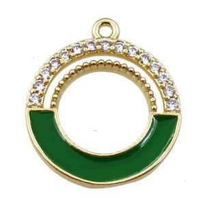 copper circle pendant pave zircon with green enameled, gold plated, approx 18mm dia