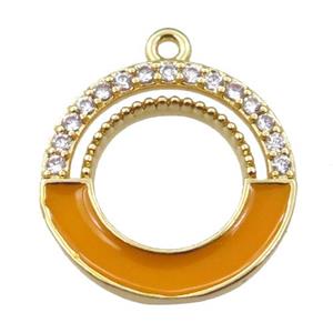 copper circle pendant pave zircon with orange enameled, gold plated, approx 18mm dia