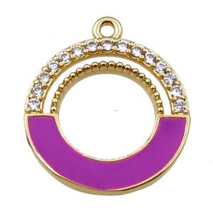 copper circle pendant pave zircon with purple enameled, gold plated, approx 18mm dia