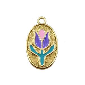 copper lotus pendant, oval, enameling, gold plated, approx 10-15mm