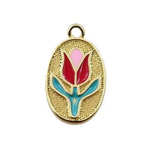 copper lotus pendant, oval, enameling, gold plated, approx 10-15mm
