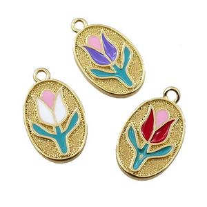 copper lotus pendant, oval, enameling, gold plated, mixed, approx 10-15mm