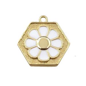 copper daisy pendant, hexagon, white enameling, gold plated, approx 17mm