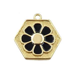 copper daisy pendant, hexagon, black enameling, gold plated, approx 17mm