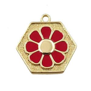 copper daisy pendant, hexagon, red enameling, gold plated, approx 17mm